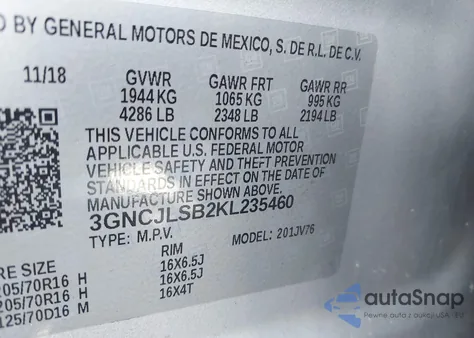 2019 Chevrolet Trax 1Lt из США, поврежденный, VIN 3GNCJLSB2KL235460